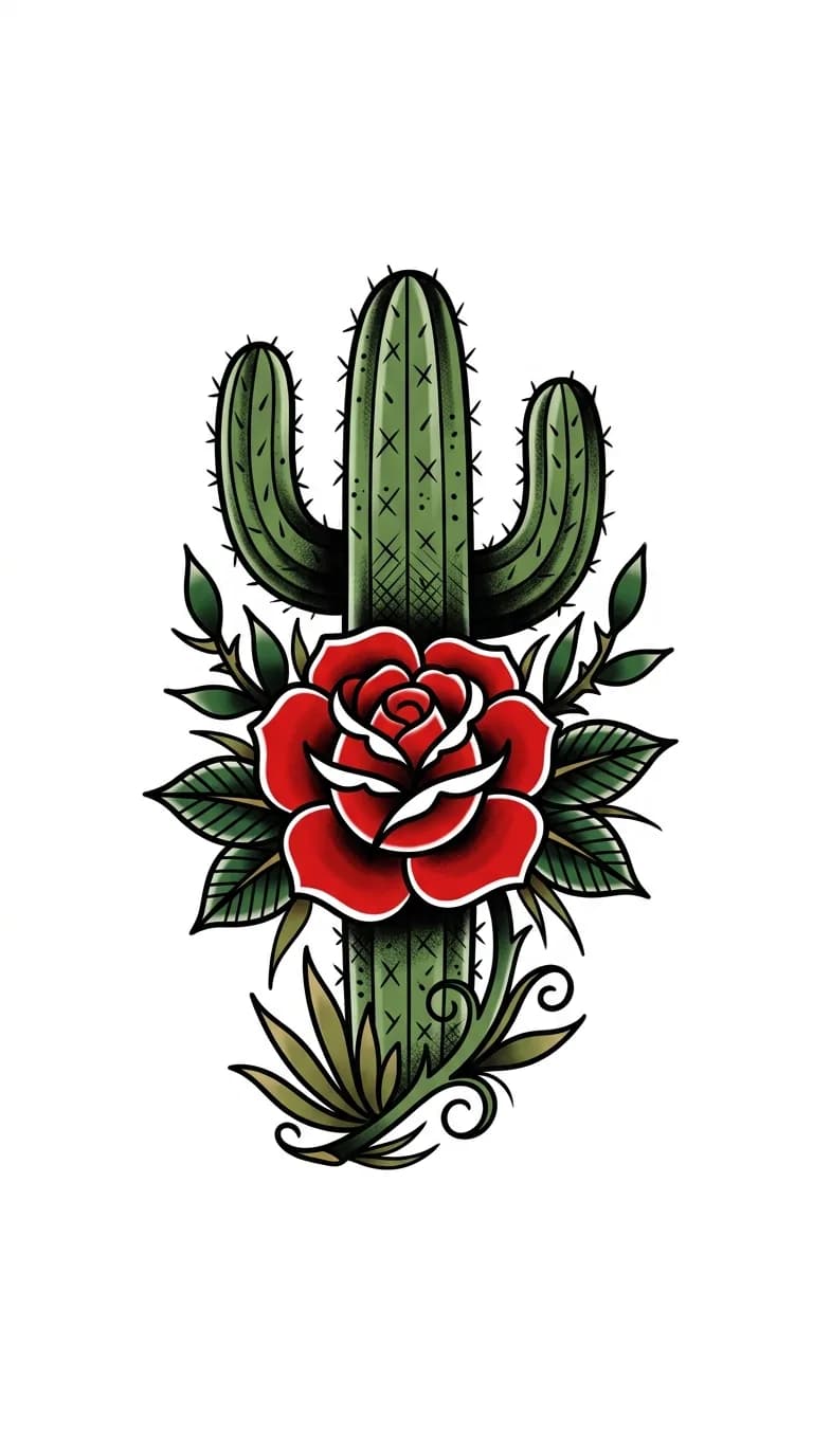 cactus and rose traditional tattoo flash, bold tattoo-machine linework, red rose, green saguaro, purposeful shading, no banner text, pure white for traditional cactus tattoo inspiration