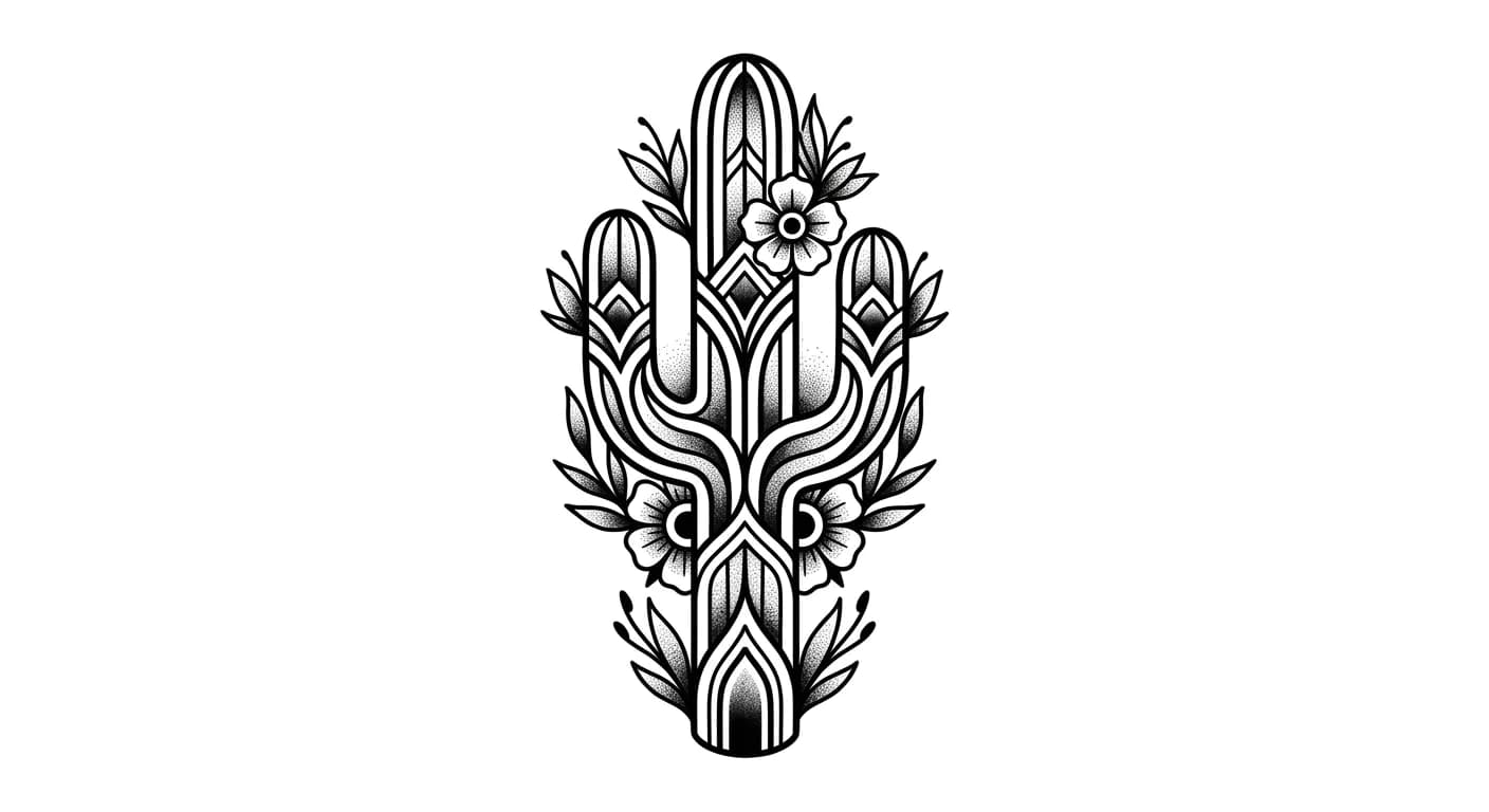 ornamental cactus tattoo flash, saguaro and simple desert flower ornaments, polished blackwork lines, dot shading, no scenery, pure white for traditional cactus tattoo inspiration