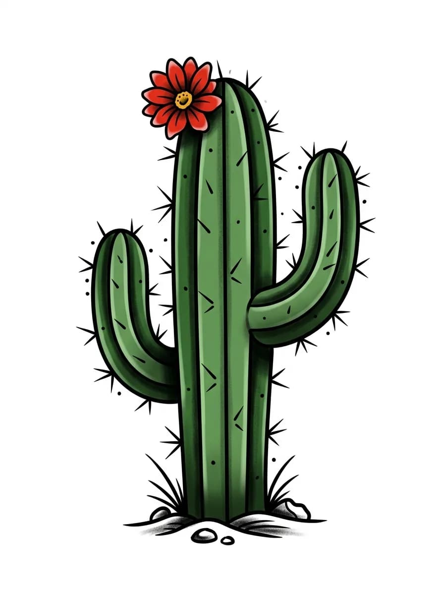 classic old school cactus tattoo flash, chunky black outlines, smooth green fill, red flower accent, finished tattoo artist flash, pure white for traditional cactus tattoo inspiration