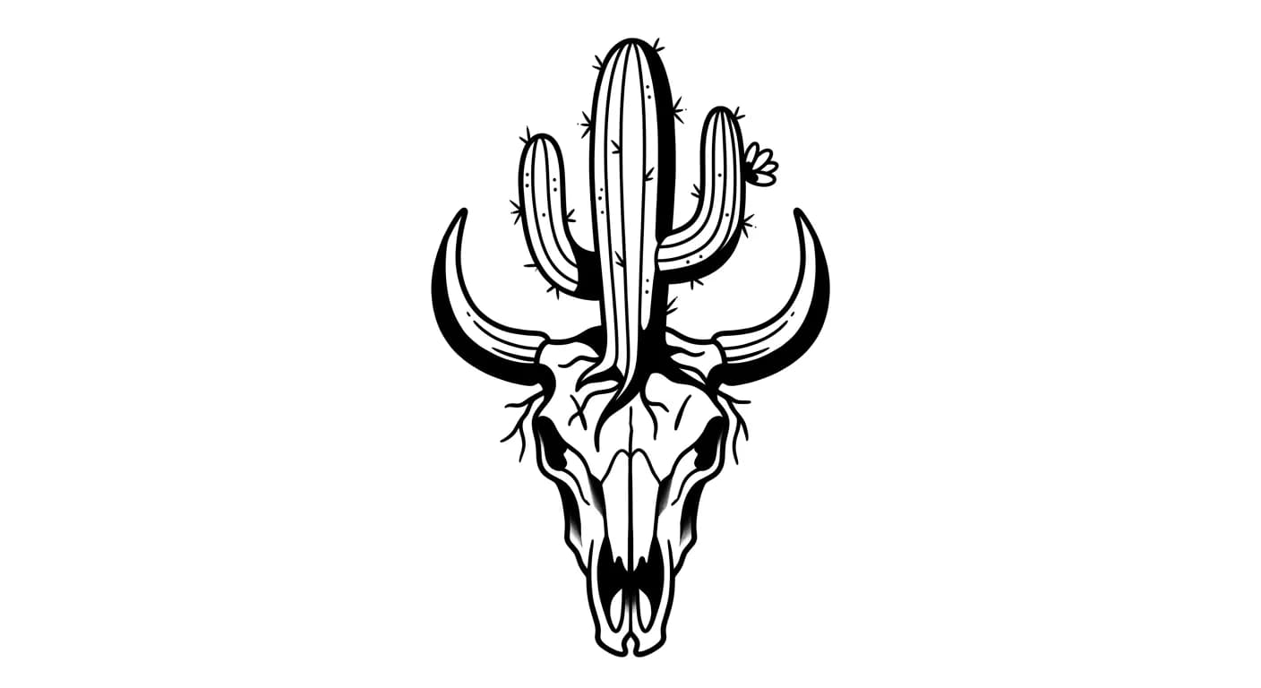 blackwork cactus skull tattoo flash, cactus growing through small cow skull, heavy black fills, crisp negative space, no scenery, centered tattoo design for traditional cactus tattoo inspiration