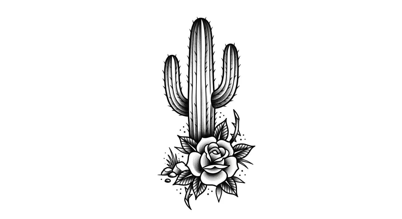 professional cactus tattoo stencil, black and grey saguaro with rose, bold clean ink linework, whip shaded petals, one complete tattoo design, pure white for traditional cactus tattoo inspiration