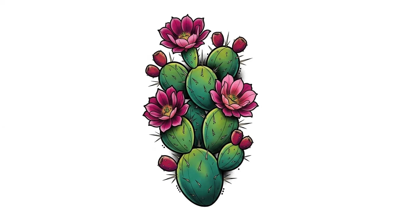 neo-traditional prickly pear cactus tattoo, chunky pads with magenta blossoms, layered leaves, strong outline hierarchy, polished color tattoo flash for traditional cactus tattoo inspiration