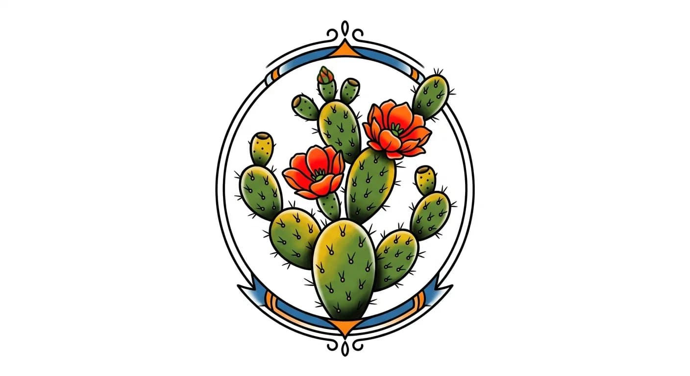 old school cactus tattoo flash, compact prickly pear with flowers, saturated tattoo colors, crisp outlines, no landscape, no text, pure white for traditional cactus tattoo inspiration