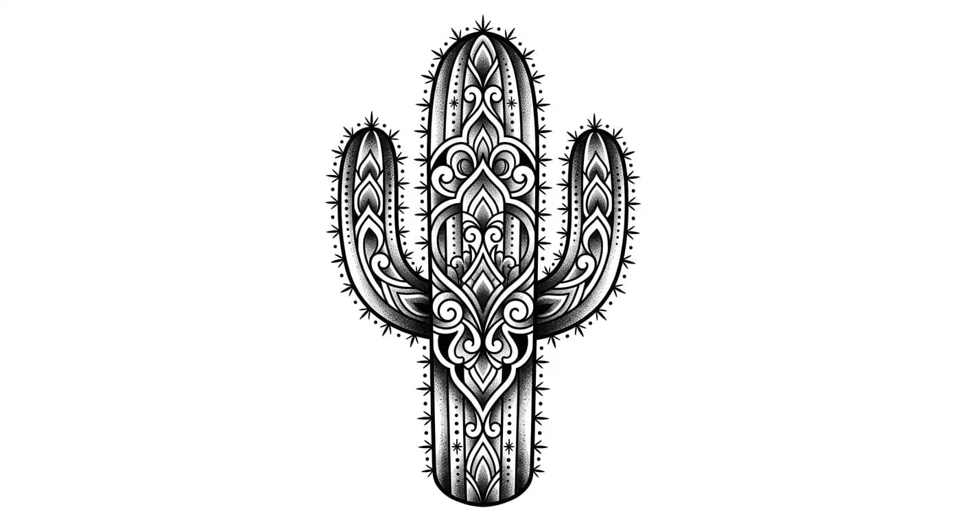 blackwork ornamental cactus tattoo flash, polished symmetrical saguaro, clean dot shading, readable tattoo silhouette, no poster, pure white for traditional cactus tattoo inspiration