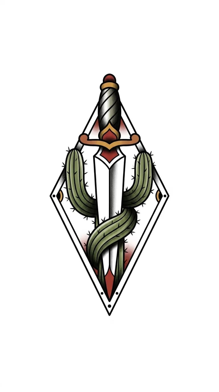 traditional cactus dagger tattoo flash, saguaro wrapped around short dagger, old-school shading, compact vertical tattoo composition, no text for traditional cactus tattoo inspiration