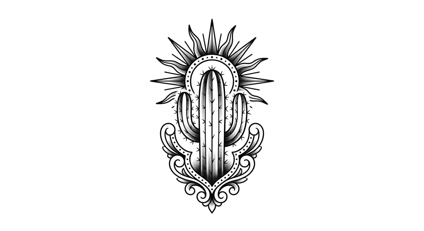 ornamental desert cactus tattoo stencil, symmetrical saguaro with sunburst dotwork frame, bold ink lines, tattoo-ready not poster art for traditional cactus tattoo inspiration