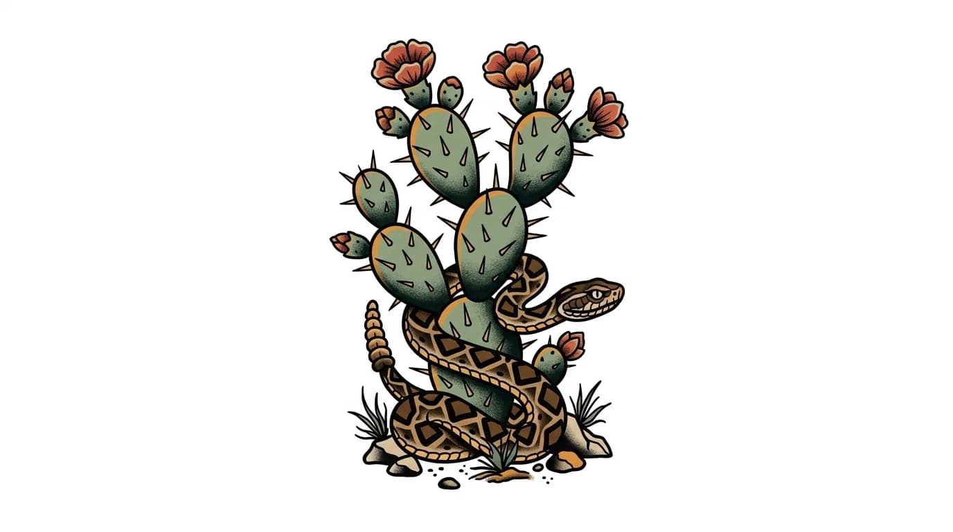 traditional cactus and snake tattoo flash, small rattlesnake coiled around cactus base, bold outlines, selective muted desert colors, pure white background for traditional cactus tattoo inspiration