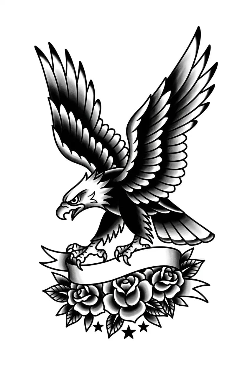 Black and grey American traditional eagle tattoo flash with bold outline and greywash shading