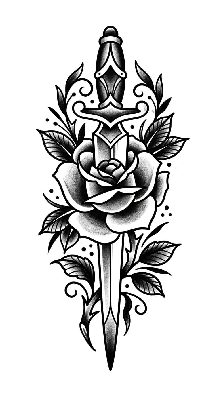 Black and grey traditional rose and dagger tattoo design with heavy old-school linework