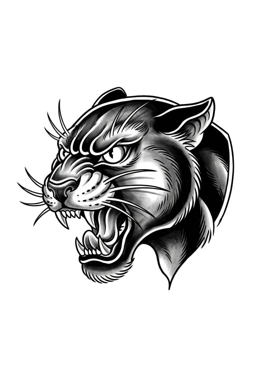Black and grey traditional panther head tattoo flash with bold readable shapes