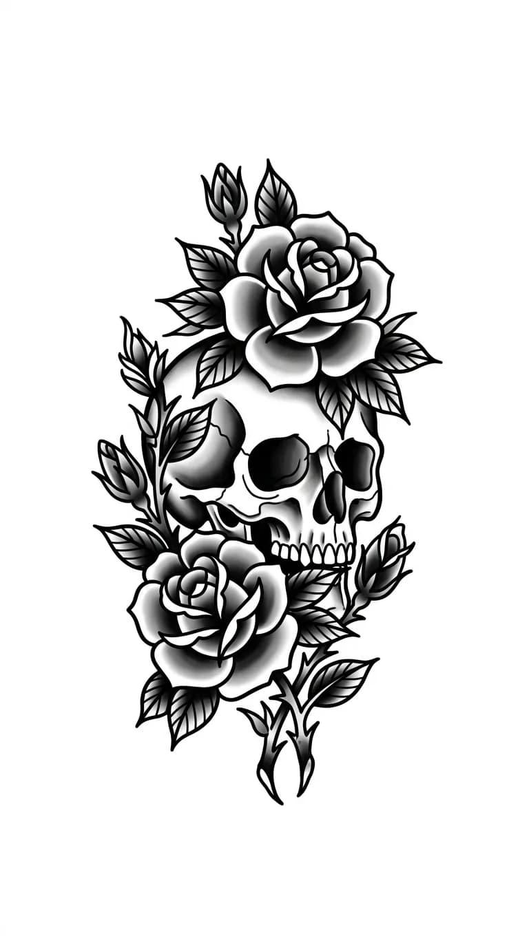 Black and grey traditional skull and roses tattoo concept with classic flash composition
