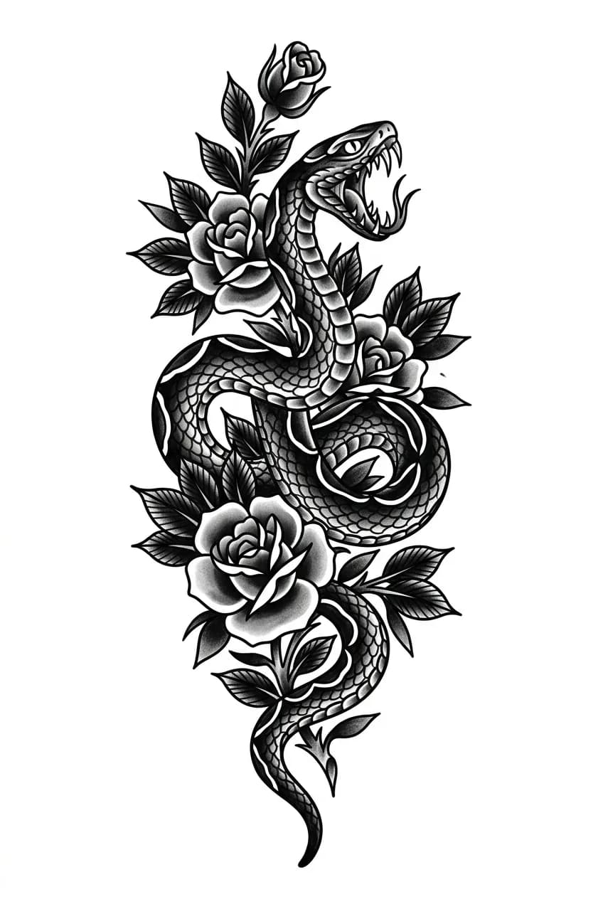 Black and grey traditional snake and flower tattoo design with vertical coiled flow