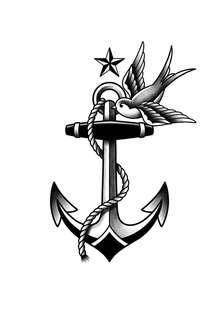 Black and grey traditional anchor and swallow tattoo flash with nautical old-school composition