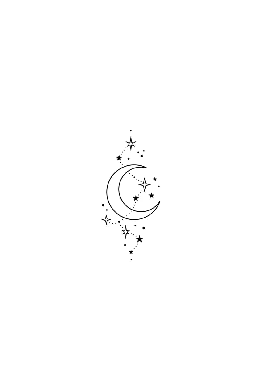wrist tattoo ideas for women, minimalist crescent moon and stars inner wrist tattoo, elegant compact linework, pure white background, no text inspiration