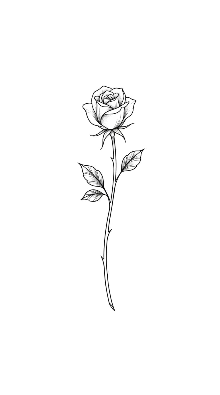 wrist tattoo ideas for women, small rose stem inner wrist tattoo, fine line black ink with light shading, vertical wrist placement, pure white background, no text inspiration
