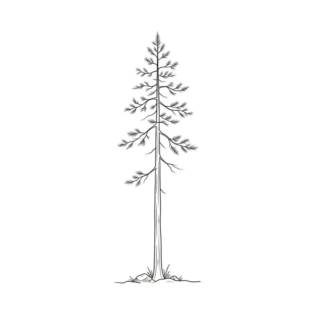 fine line pine tree tattoo, tall lone pine silhouette, single-needle delicate black ink, pure white background inspiration