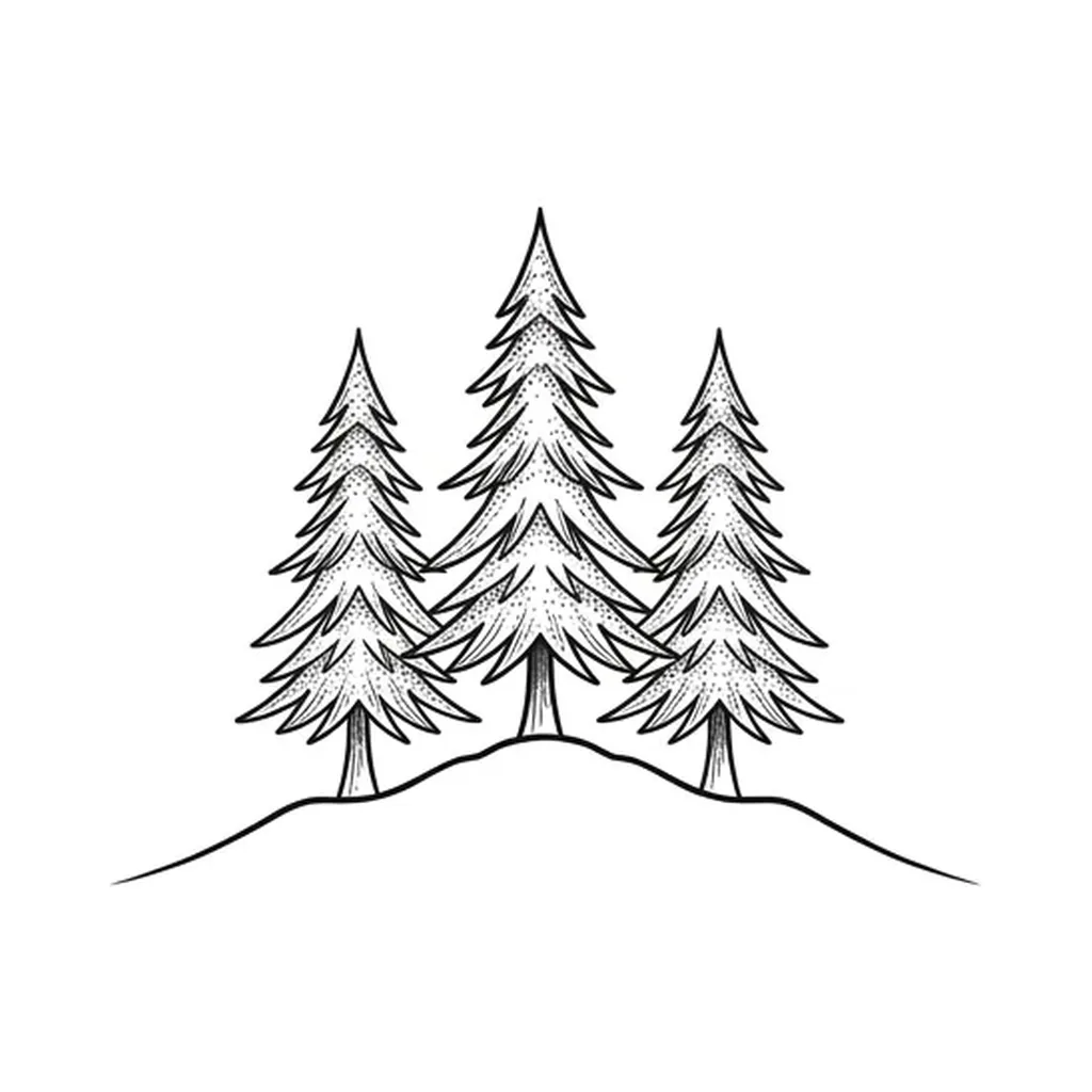fine line pine tree tattoo, three small pine trees on a ridge line, minimal botanical linework, pure white inspiration