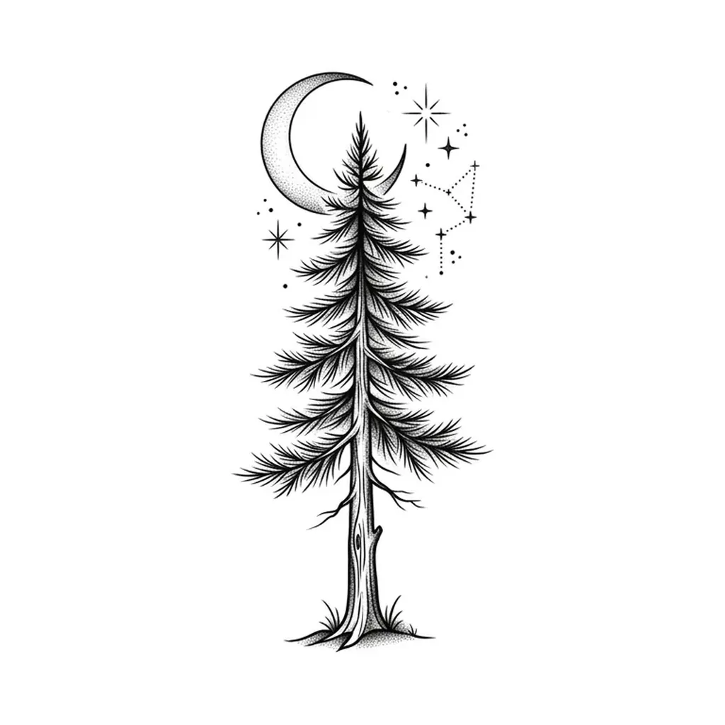 fine line pine tree tattoo, pine tree with crescent moon and stars, ornamental fine line with delicate dotwork, pure white inspiration