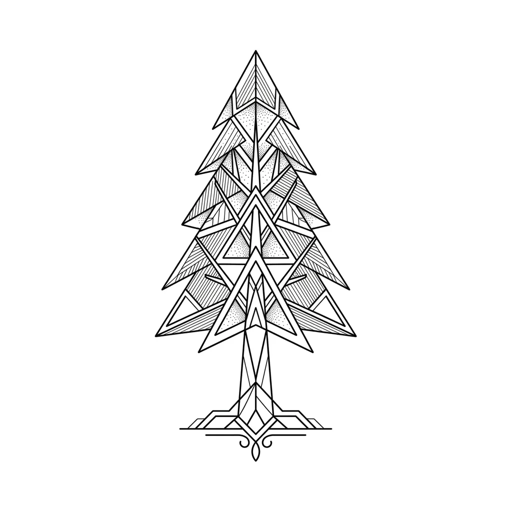 fine line pine tree tattoo, geometric pine tree with angular triangular branches, crisp black fine lines, pure white inspiration