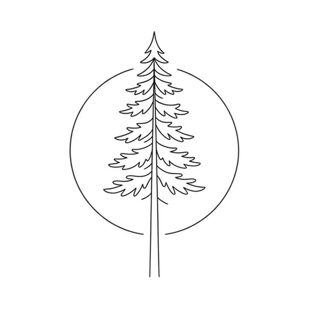 fine line pine tree tattoo, single-needle pine tree inside thin circle frame, minimalist ornamental composition, pure white inspiration