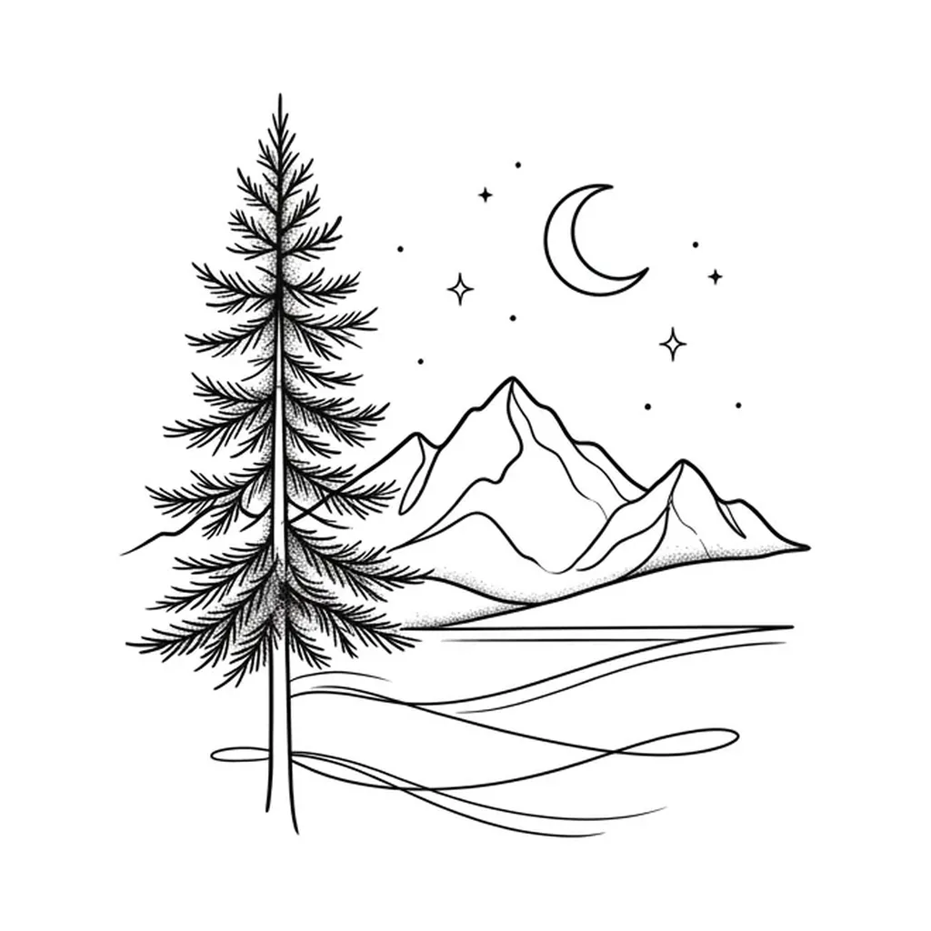 fine line pine tree tattoo, pine tree with mountain horizon landscape, single-line nature concept, pure white inspiration
