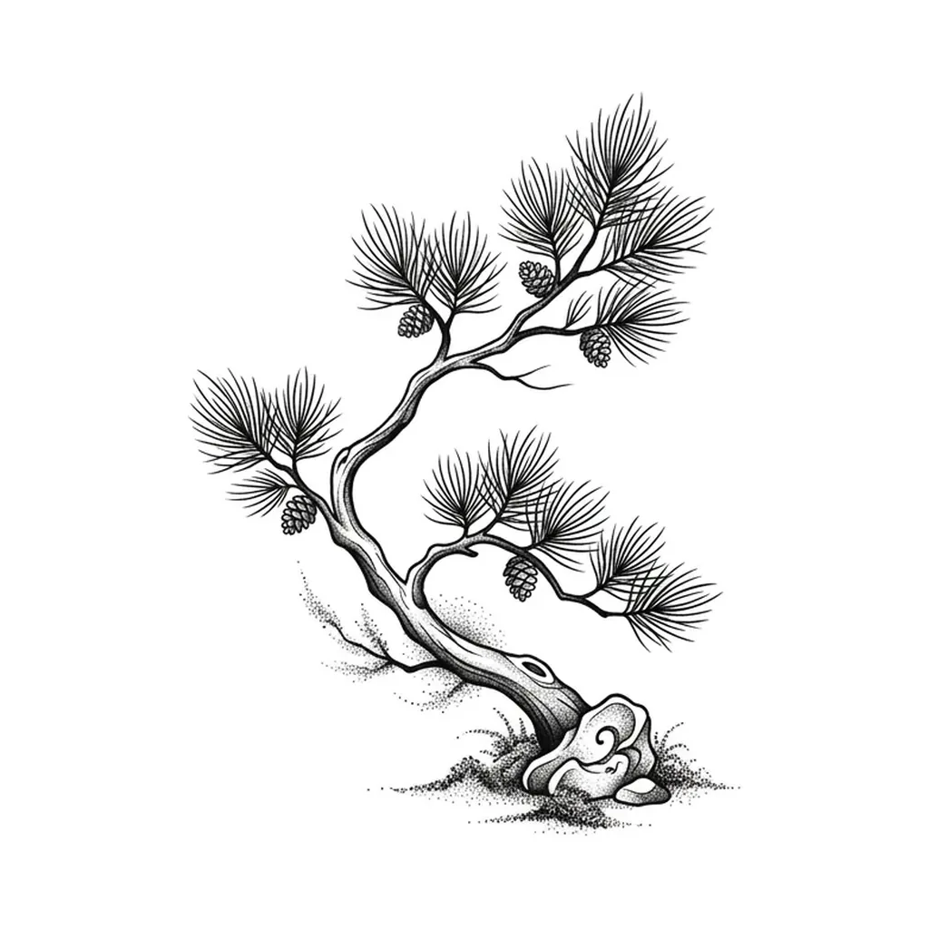 fine line pine tree tattoo, Japanese-inspired pine branch composition, controlled sumi-inspired fine linework, pure white inspiration
