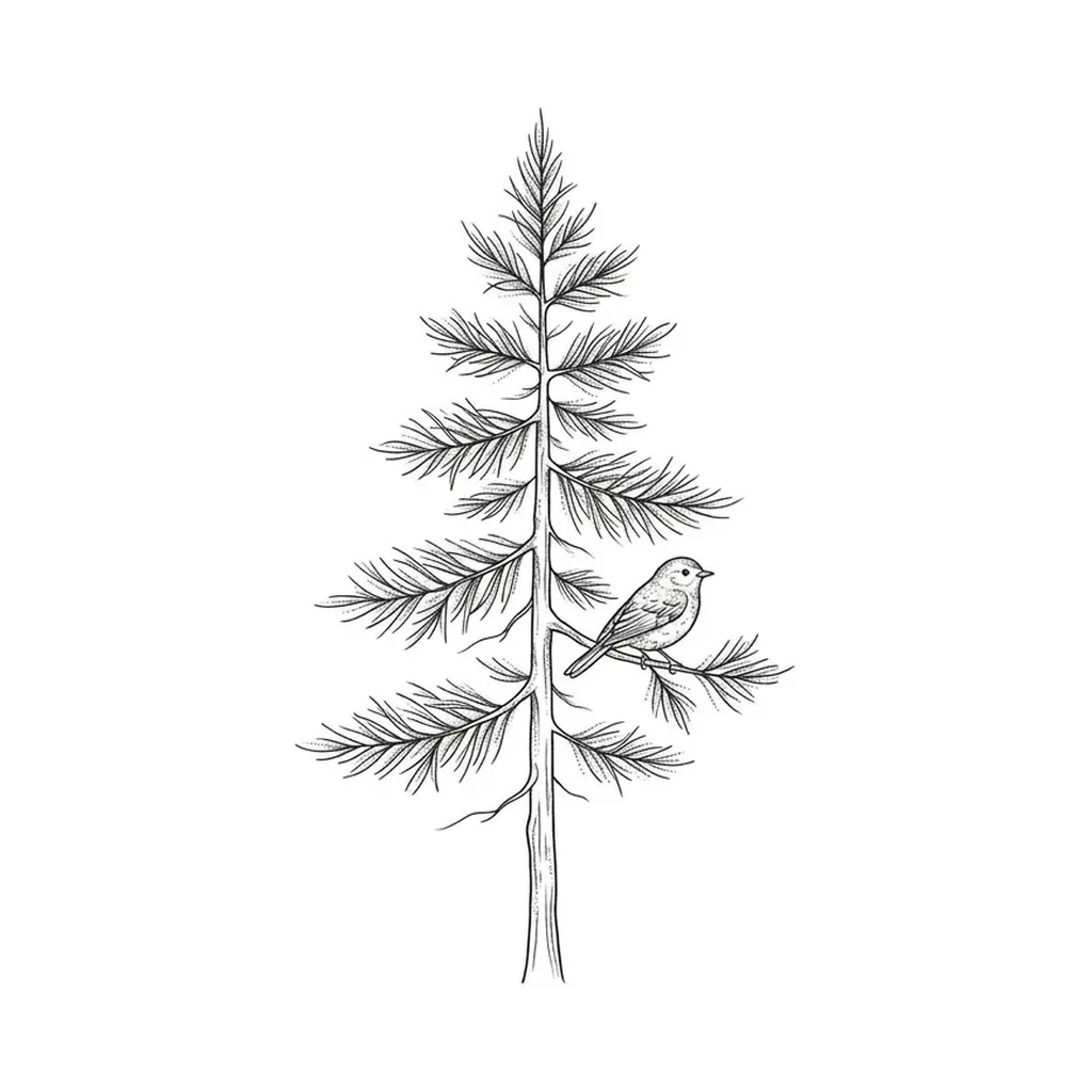 fine line pine tree tattoo, pine tree with bird perched on branch, delicate single-needle art, pure white inspiration