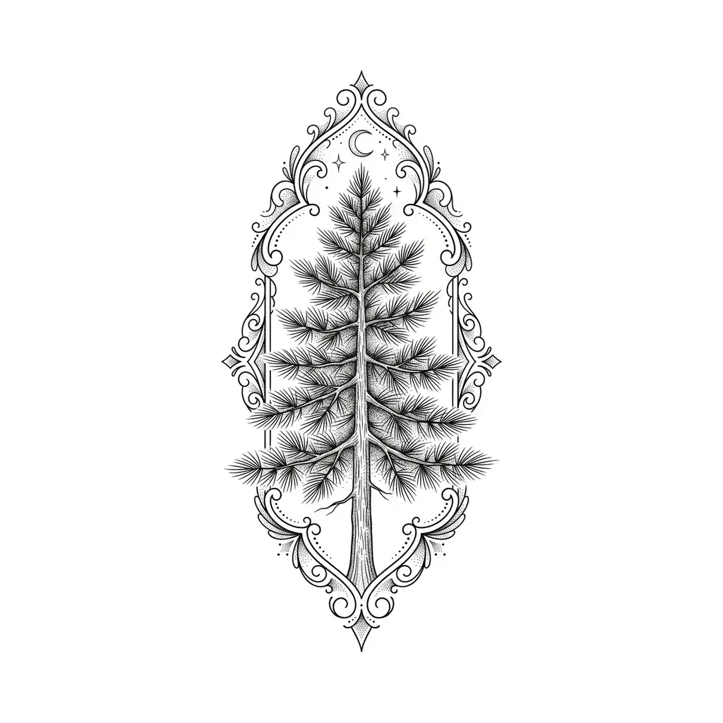 fine line pine tree tattoo, dotwork pine tree with stippled texture, ornamental fine line framing, pure white inspiration