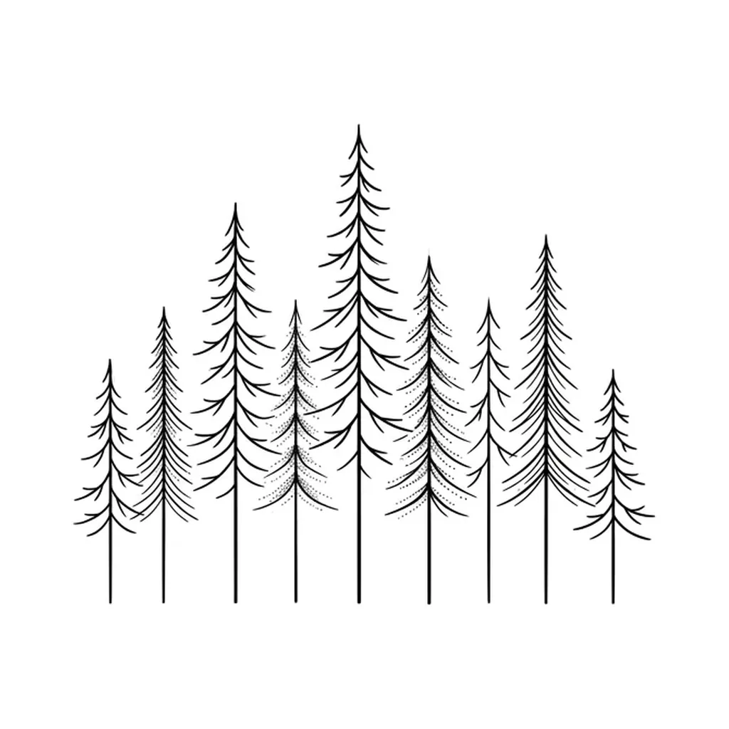 fine line pine tree tattoo flash, minimalist pine forest treeline, reduced silhouette with bold fine ink strokes, pure white inspiration