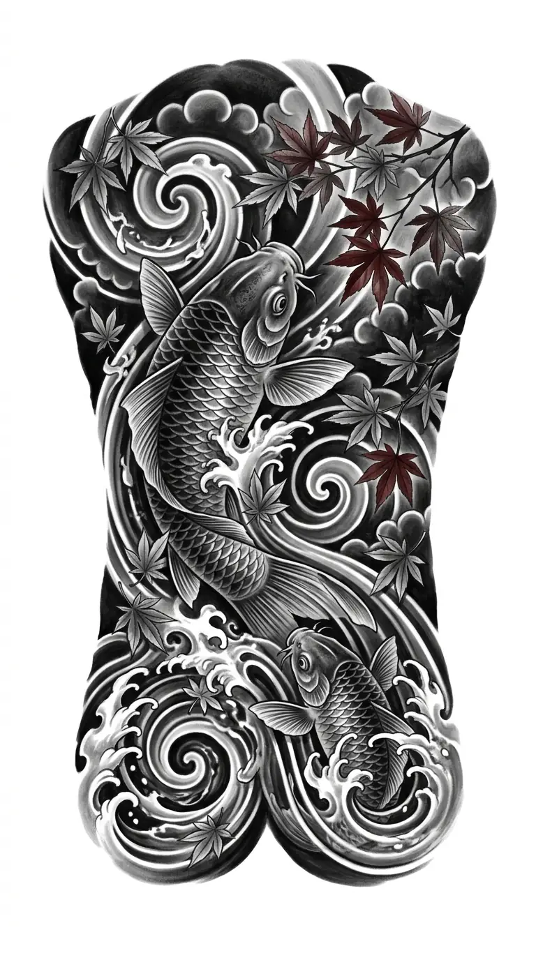 Japanese realism tattoo back piece concept with realistic koi fish, maple leaves, water flow, high contrast black and grey with small red accents, pure white background, no text inspiration