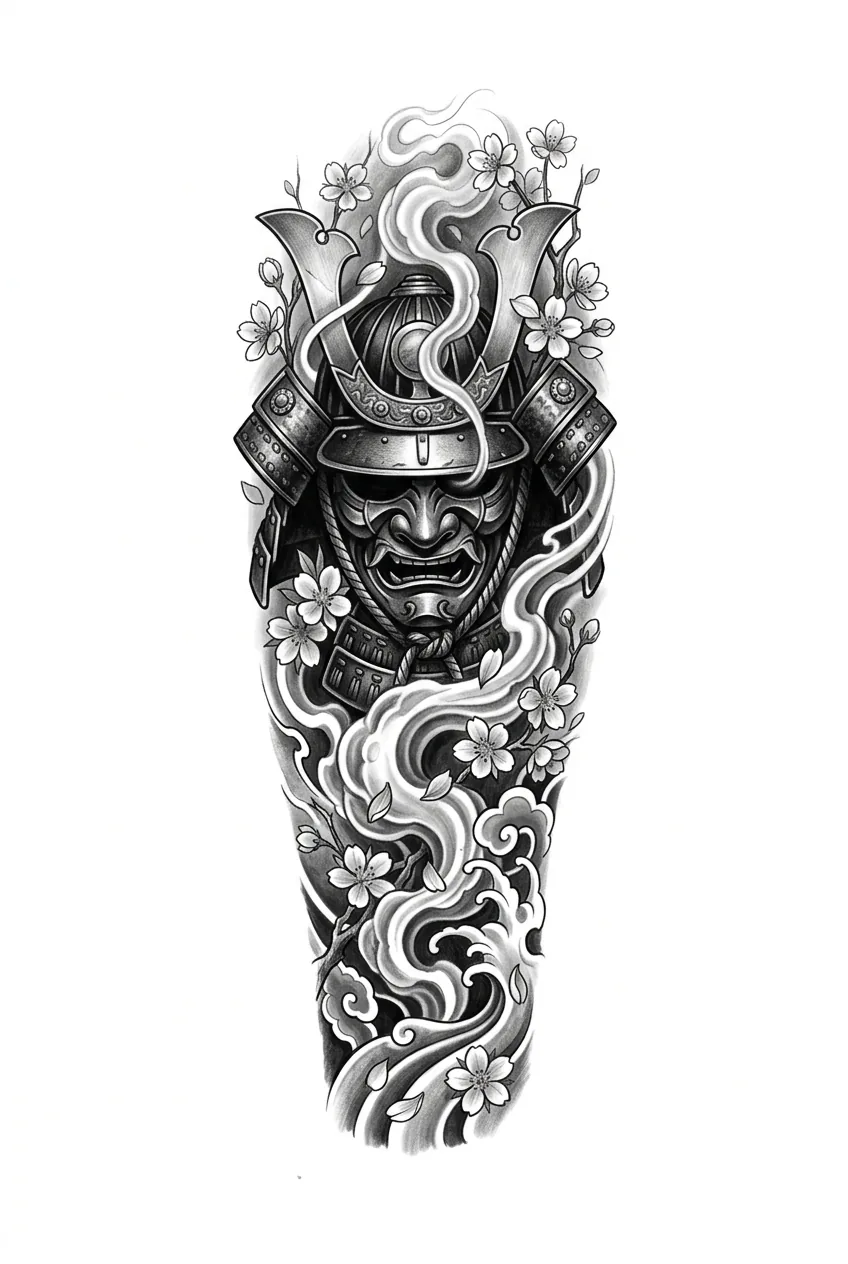 Japanese realism tattoo forearm design with realistic samurai mask, cherry blossoms, smoke flow, detailed but readable black and grey tattoo composition, pure white background, no text inspiration