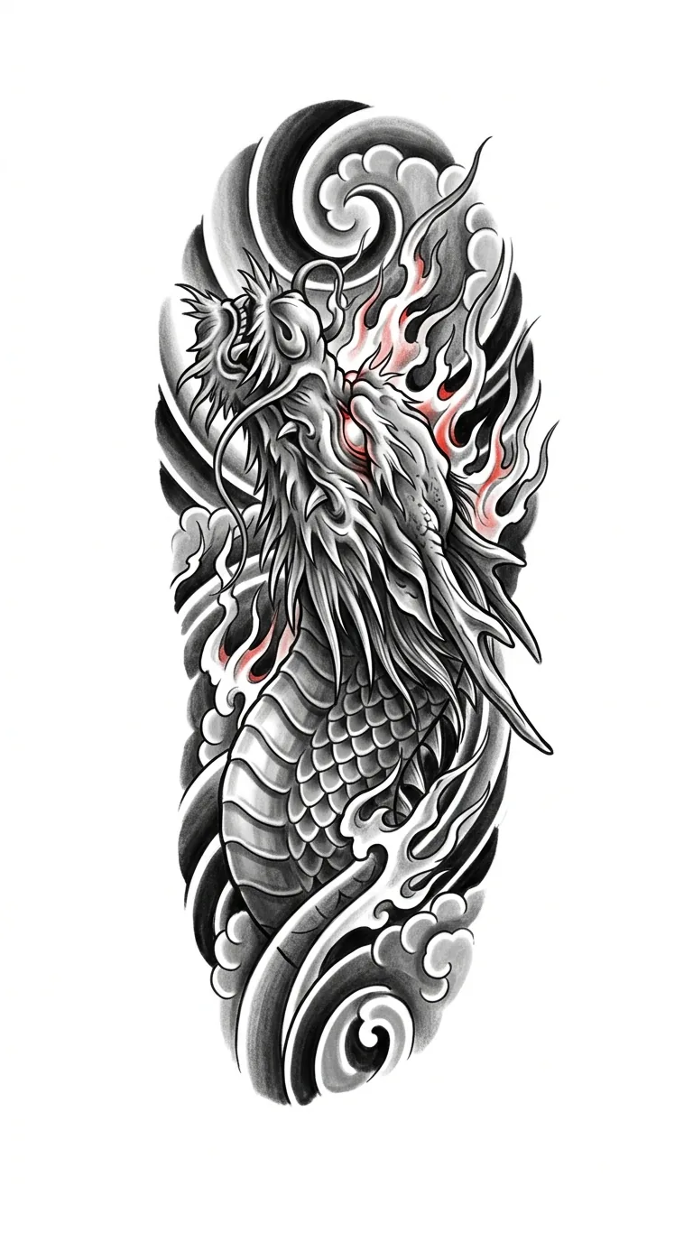 Japanese realism tattoo dragon concept, realistic dragon head and scales with irezumi-inspired cloud bars, black and grey realism with red accent, vertical tattoo flash, pure white background, no text