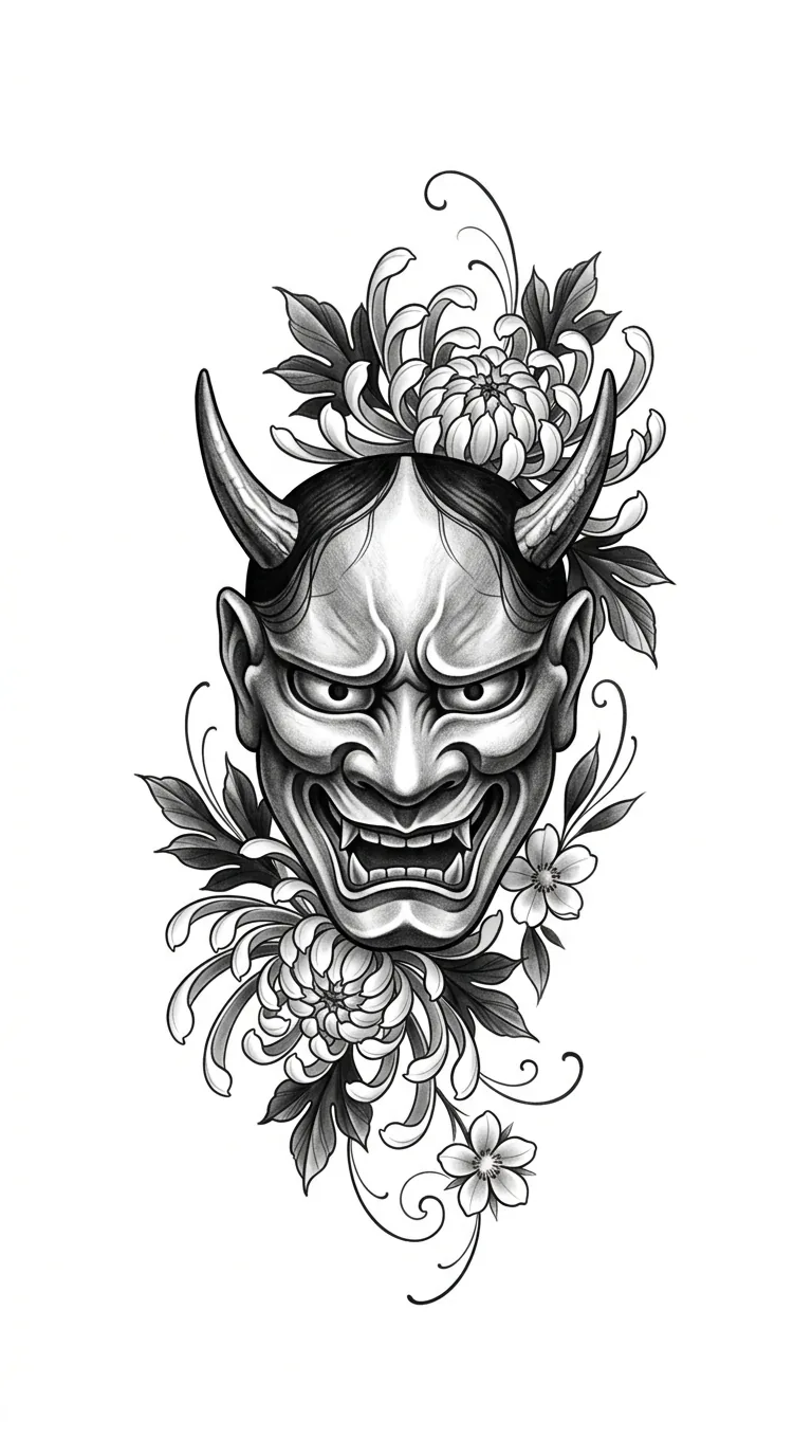 Japanese realism tattoo mask concept with realistic hannya mask, chrysanthemum flowers, soft greywash, high contrast readable tattoo design, pure white background, no text inspiration