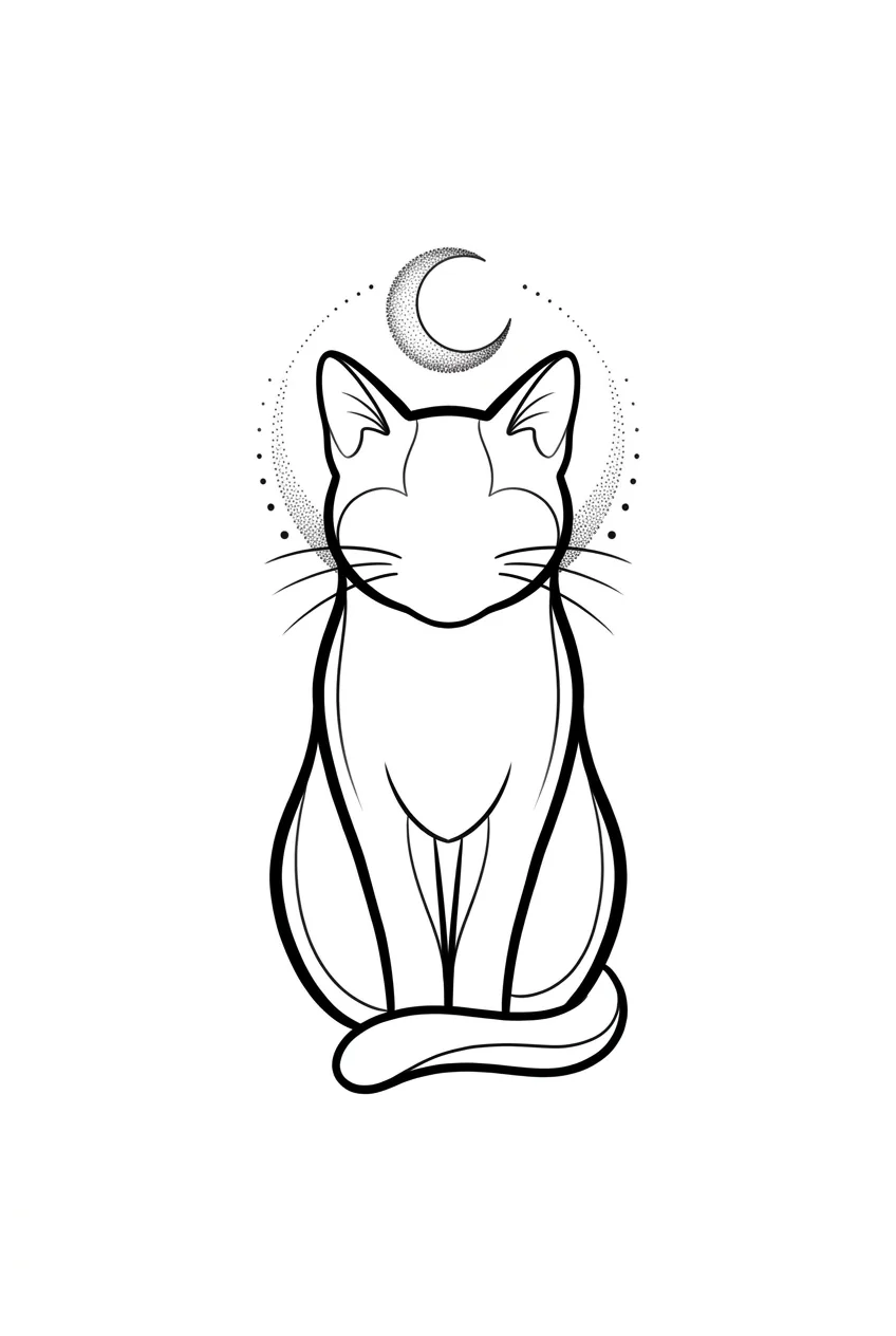 creative minimalist cat outline tattoo stencil, sitting cat formed with confident varied line weights plus tiny crescent moon and dotwork halo, tattoo-ready not one-line clip art inspiration