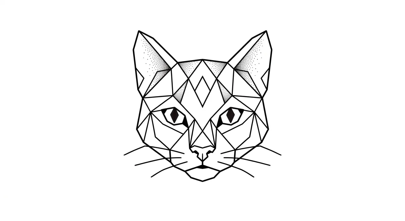 geometric minimalist cat outline tattoo, front-facing cat head built from clean angular ink lines and negative-space eyes, subtle dotwork, unique from side profiles inspiration