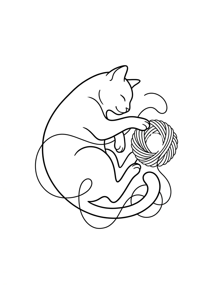 minimalist cat and yarn tattoo flash, curled cat outline with yarn ball negative-space motif, confident linework, creative but clean for minimalist cat outline tattoo inspiration