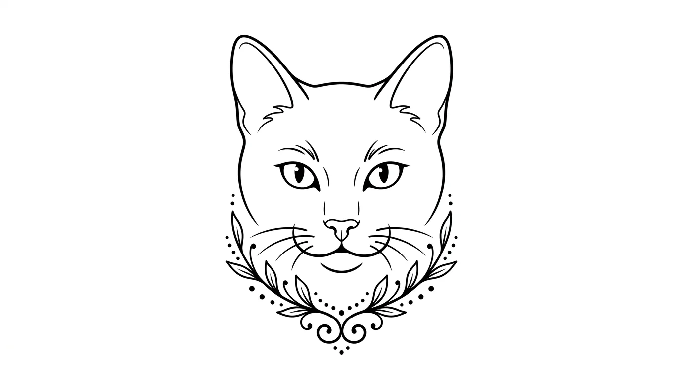 minimalist cat portrait outline tattoo, front-facing cat ears and eyes with floral ornamental lower frame, varied line weight, refined tattoo stencil for minimalist cat outline tattoo inspiration