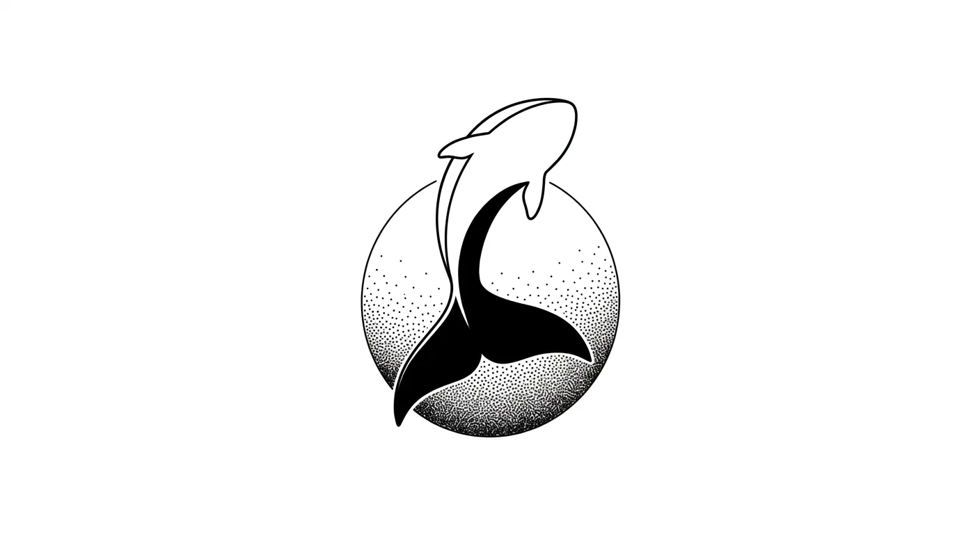 blackwork orca tail tattoo stencil, large tail fluke with implied curved body in negative space, heavy black fills, dotwork ocean circle, pure white for minimalist orca tattoo inspiration