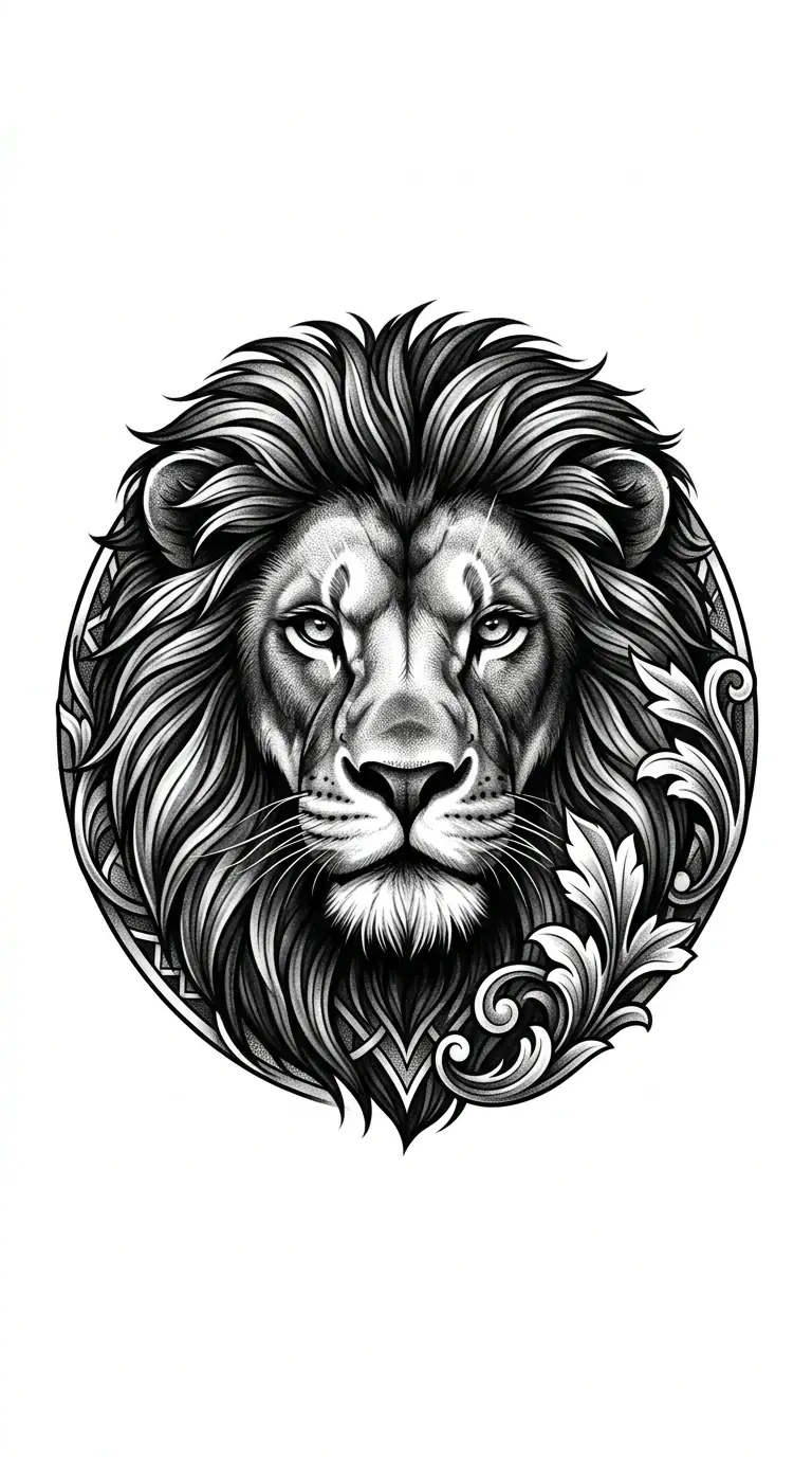 black and grey lion shoulder tattoo design for men, circular shoulder cap composition, bold mane, high contrast realism, tattooable flash on pure white background