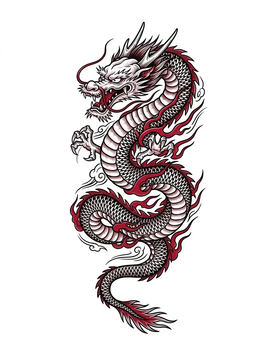 Japanese dragon shoulder tattoo design for men, curved dragon body wrapping around shoulder cap, bold black linework with red accents, tattoo flash on pure white background