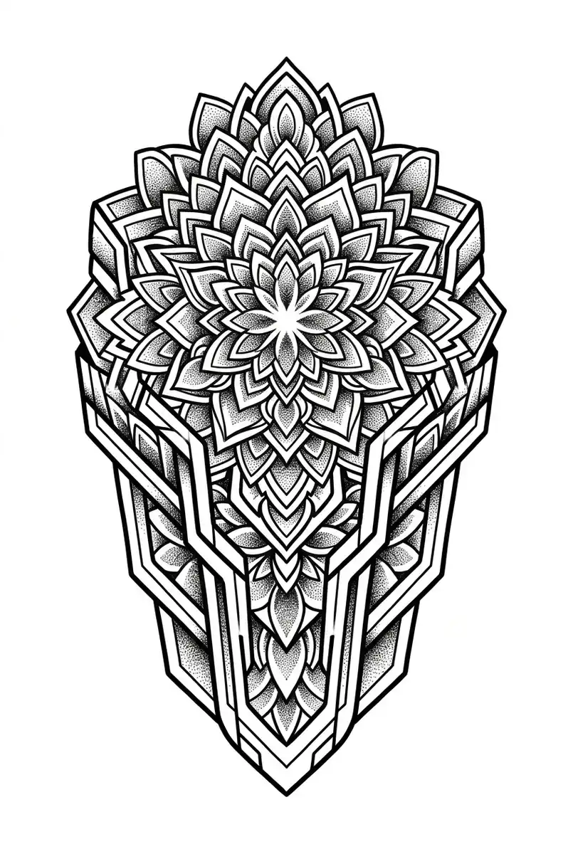 geometric shoulder tattoo for men, symmetrical mandala armor plate composition, crisp black ink, dotwork, designed for shoulder cap placement on pure white background