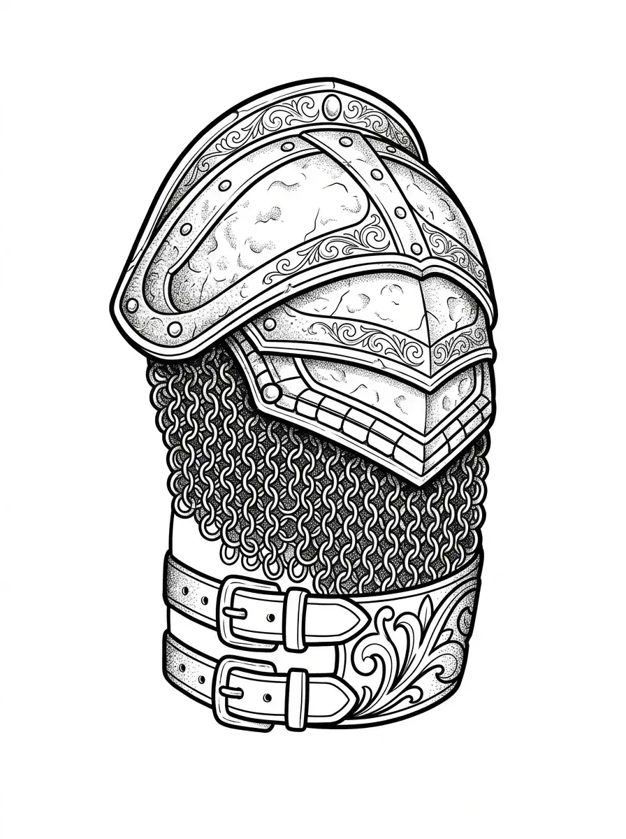armor shoulder tattoo design for men, gladiator plate and chainmail inspired blackwork, rounded deltoid cap composition, stencil-friendly on pure white background