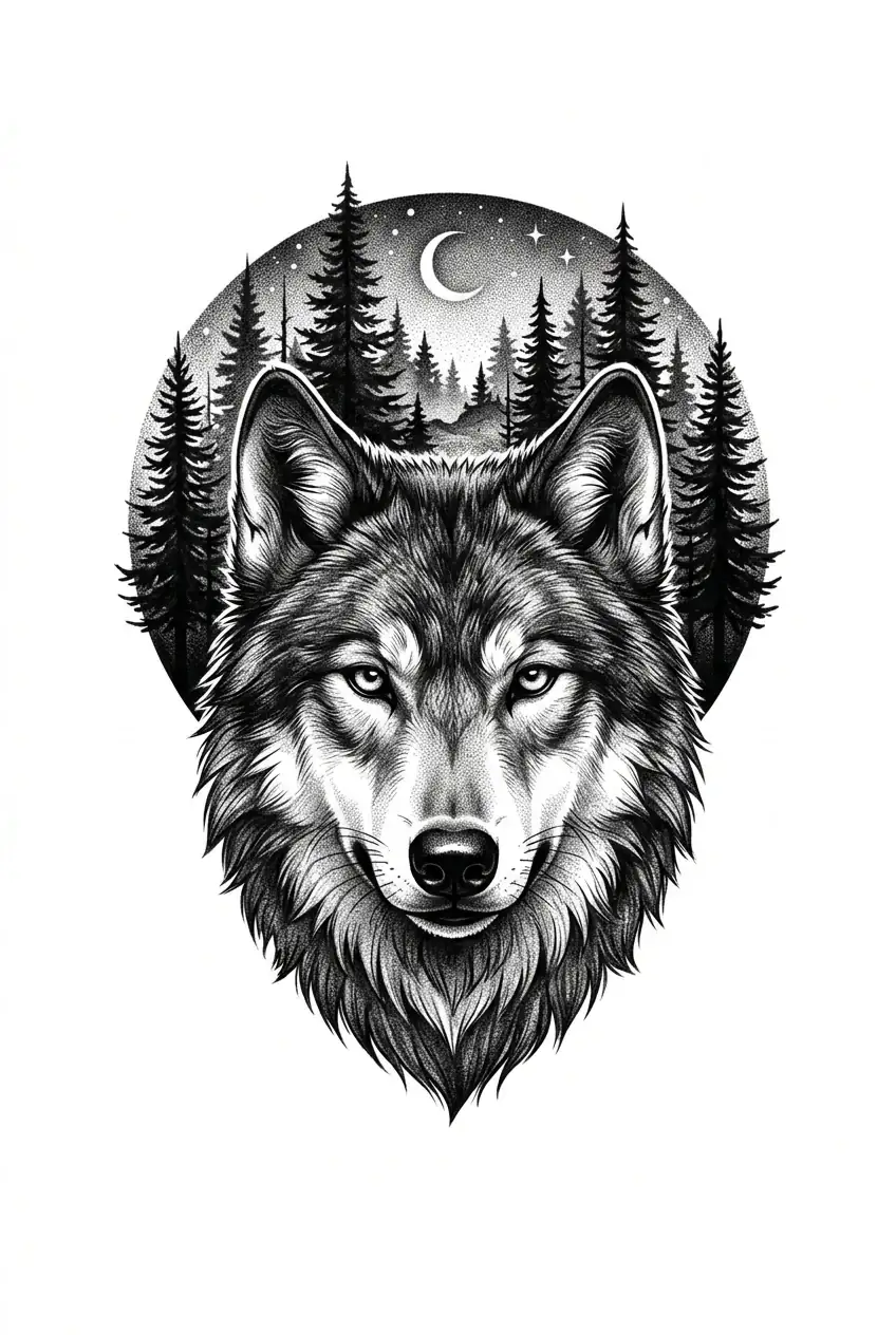 wolf shoulder tattoo design for men, black and grey wolf head with pine forest framing, rounded shoulder cap composition, tattoo flash on pure white background