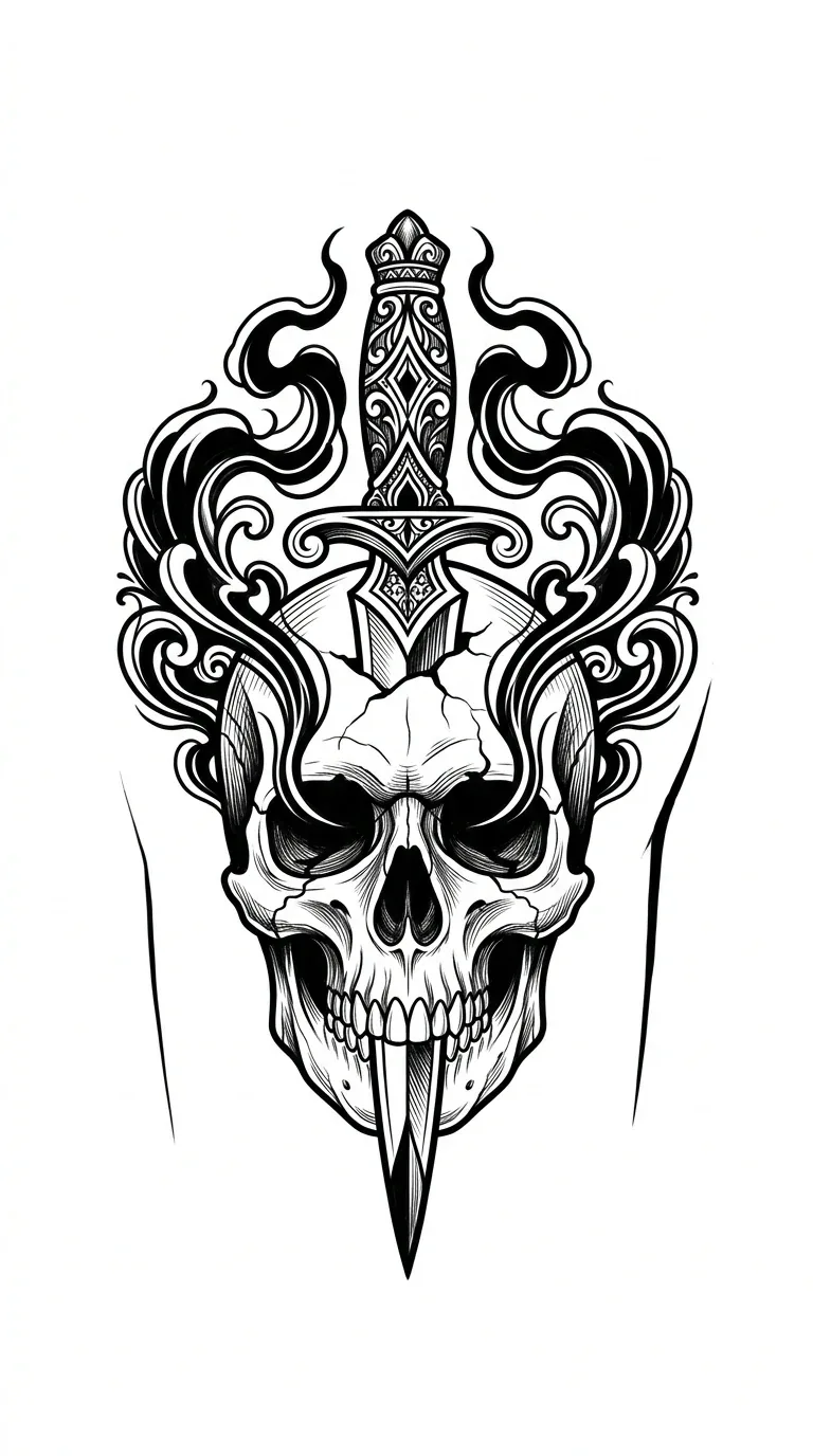 skull shoulder tattoo design for men, blackwork skull with dagger and smoke shapes, compact upper shoulder layout, bold readable ink on pure white background