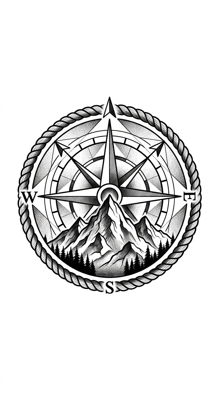 compass shoulder tattoo design for men, compass rose with mountain silhouette and rope frame, circular shoulder cap composition, black and grey tattoo flash on pure white background