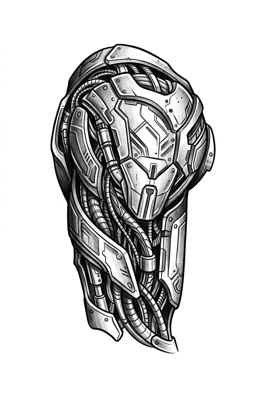 biomechanical shoulder tattoo design for men, mechanical armor plates and organic cables arranged for deltoid cap, black and grey high contrast on pure white background