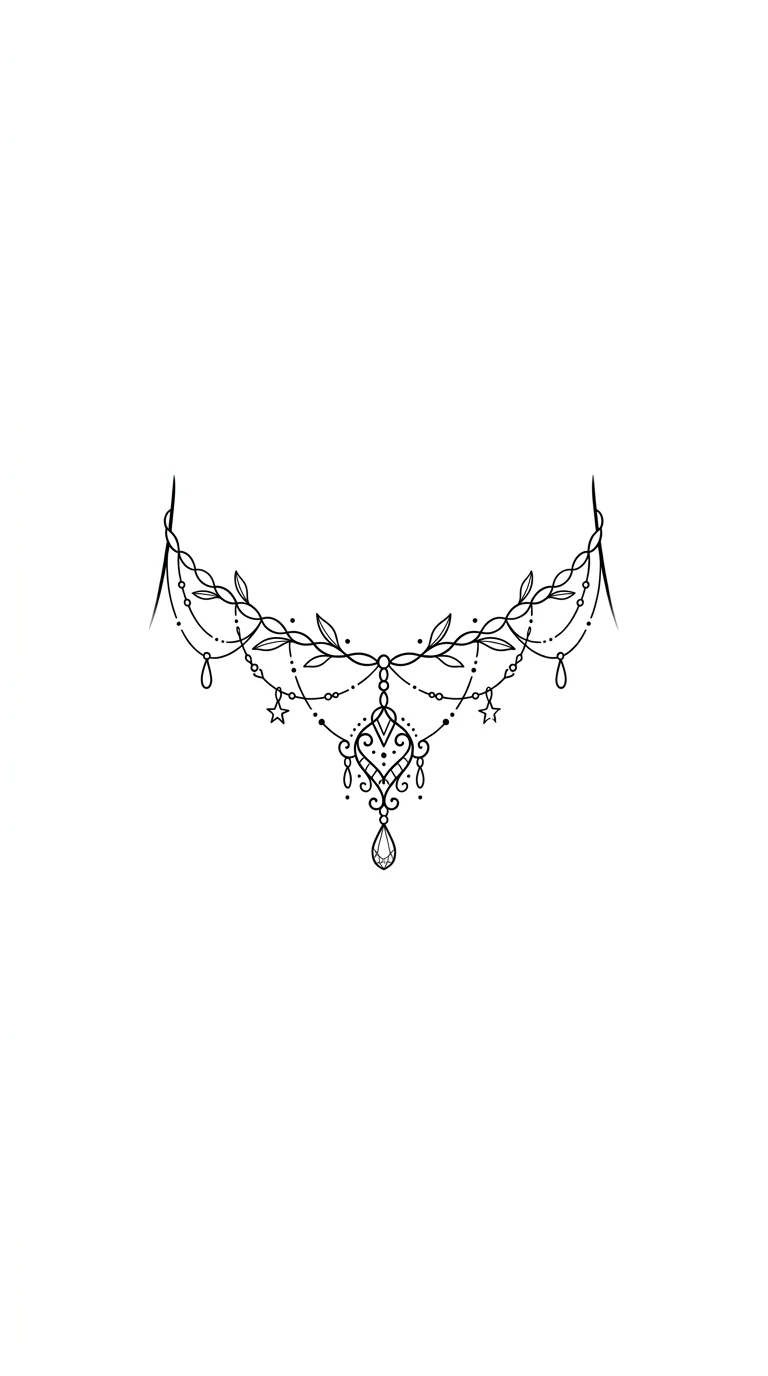 small ankle tattoo, dainty ornamental anklet chain with small charm, thin black linework, tattoo flash on pure white background inspiration
