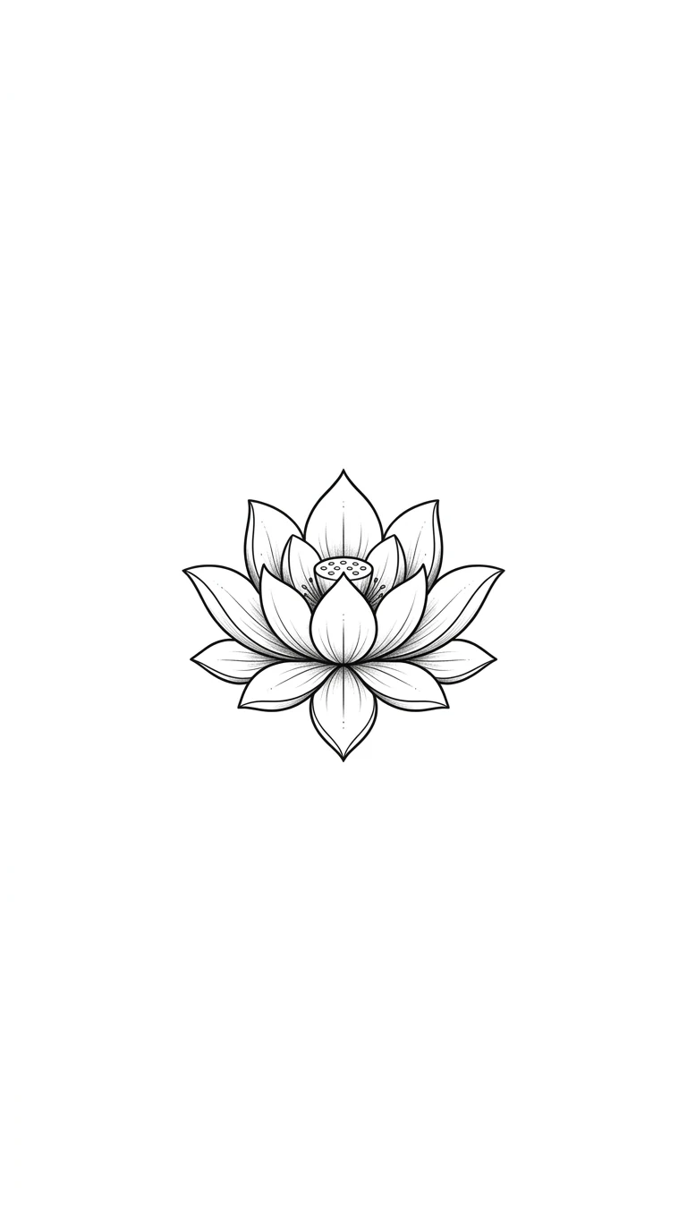 small ankle tattoo, small lotus flower with clean symmetrical petals, fine line blackwork on pure white background inspiration