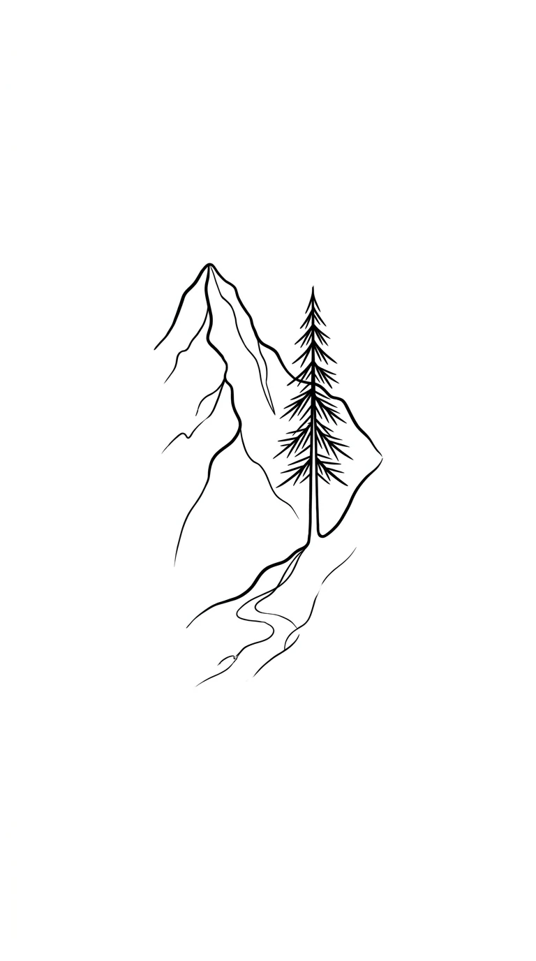 small ankle tattoo, minimal mountain line and pine tree, compact ankle placement design, crisp black ink on pure white background inspiration