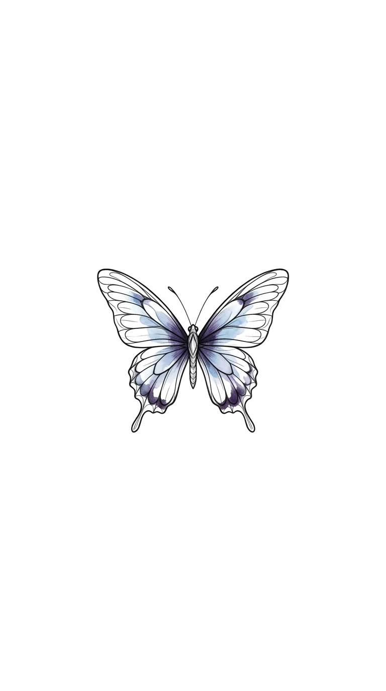 small ankle tattoo, tiny butterfly with subtle blue and purple color accents, fine line black outline, side ankle placement, tattoo flash on pure white background inspiration